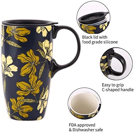 טופדורן קרמיקה ספל קפה נסיעות כוס מתנה עם מכסה 17 עוז, פורצלן גבוה תה כוס עם ידית לבית ולמשרד, צהוב פרח אמנות דפוס מתנה